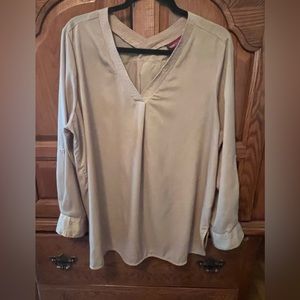 Women’s size 14, v-neck Tan tunic, lightweight polyester. Jessica London brand